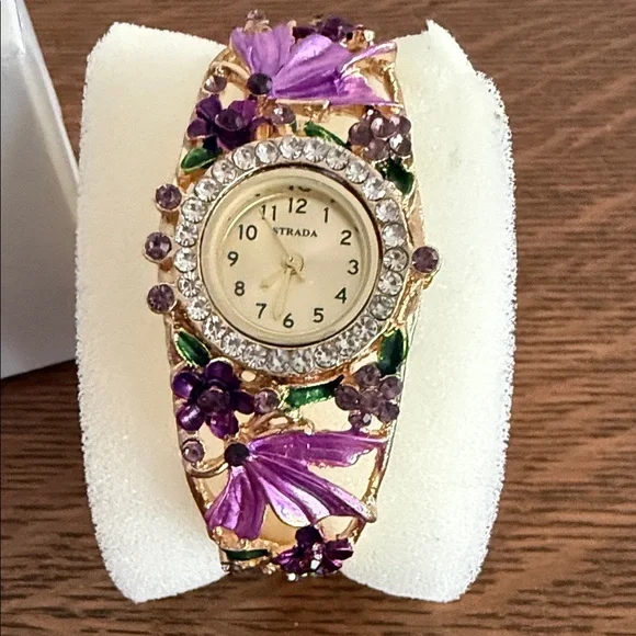 Strada Gold Watch with Purple Floral Accents - Picture 1 of 7
